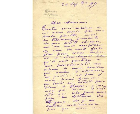 MONET CLAUDE: (1840-1926) French Impressionist painter. A fine A.L.S., Claude Monet, two pages (written to the first and four