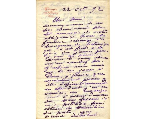 MONET CLAUDE: (1840-1926) French Impressionist painter. A.L.S., Claude Monet, two pages (written to the first and third sides