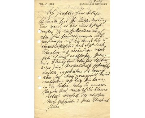 FREUD SIGMUND: (1856-1939) Austrian neurologist, the founder of psychoanalysis. A.L.S., Freud, two pages, 8vo, Berchtesgaden,