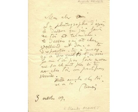 RENOIR PIERRE-AUGUSTE: (1841-1919) French Impressionist artist. A good A.L.S., Renoir, one page, 8vo, n.p., 3rd October 1909,