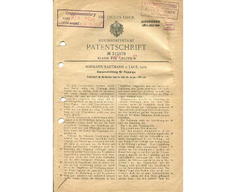 [AVIATION PATENT]: An interesting printed small 4to Patent Specification (No. 313078) approved by the German Empire Reichspat