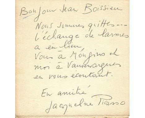 ROQUE JACQUELINE: (1926-1986) French model, muse and the second wife of Pablo Picasso from 1961. A moving A.L.S., Jacqueline 