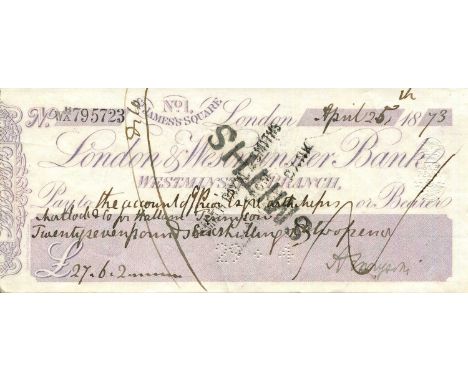 TENNYSON ALFRED: (1809-1892) English Poet Laureate 1850-92. D.S., A Tennyson, being a signed cheque, London, 25th April 1783.