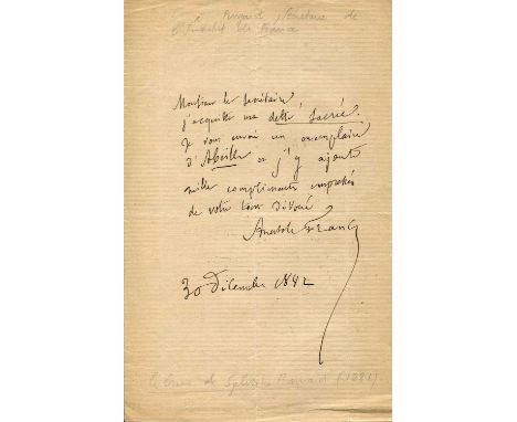 FRANCE ANATOLE: (1844-1924) French poet, journalist and novelist, Nobel Prize winner for Literature, 1921. A.L.S., Anatole Fr