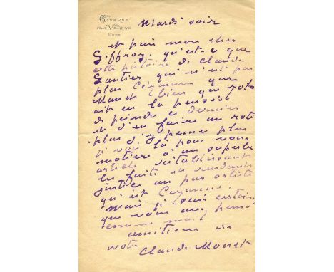 MONET CLAUDE: (1840-1926) French Impressionist painter. An exceptional A.L.S., Claude Monet, one page, 8vo, Giverny par Verno