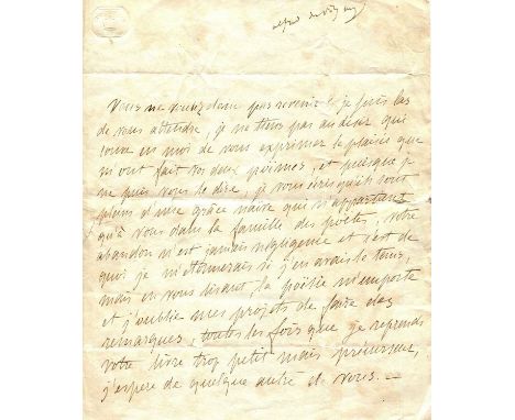 VIGNY ALFRED DE: (1797-1863) French Poet, Playwright and Novelist. A good content A.L.S., `Alfred de Vigny´, three pages, 4to