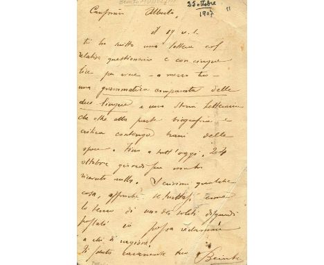 MUSSOLINI BENITO: (1883-1945) Italian Fascist Dictator of World War II. A rare youth A.L.S., signed `Benito´, one page, 12mo,