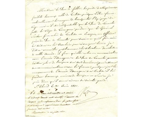 NAPOLEON I: (1769-1821) Emperor of the French 1804-14, 1815. L.S., `Nap´, a bold ink signature, one page, gilt edges, 4to, at