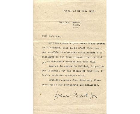 MATISSE HENRI: (1869-1954) French artist. T.L.S., Henri Matisse, one page, 8vo, Vence, 21st December 1944, to Monsieur Dagron