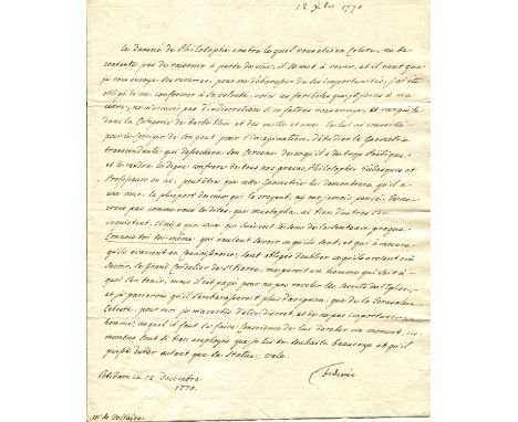 FREDERICK II: (1712-1786) King of Prussia 1740-86, known as Frederick The Great. A very rare autograph letter with extremely 