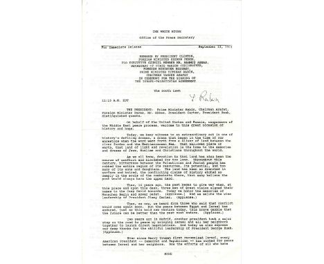RABIN YITZHAK: (1922-1995) Israeli Prime Minister 1974-77, 1992-95. Assassinated. A signed printed copy of a press release is