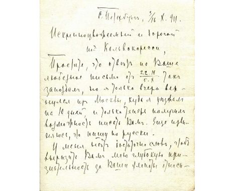 GRETCHANINOV ALEXANDER: (1864-1956) Russian Romantic composer. A.L.S., A. Gretchaninov, three pages, 8vo, Saint Petersburg, 3
