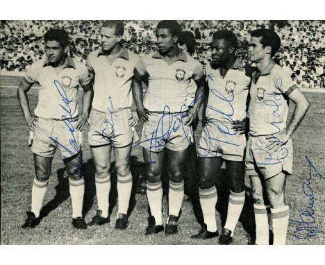 BRAZIL NATIONAL FOOTBALL TEAM: A good multiple signed 6 x 4 postcard photograph by six members of the Brazil national footbal