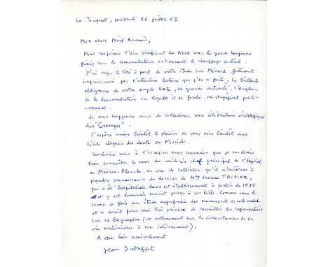 DUBUFFET JEAN: (1901-1985) French painter and sculptor. A good A.L.S., Jean Dubuffet, one page, 4to, Le Touquet, 26th July 19
