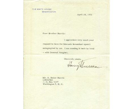 TRUMAN HARRY S.: (1884-1972) American President 1945-53. T.L.S., Harry S. Truman, as President, one page, 8vo, Washington, 24