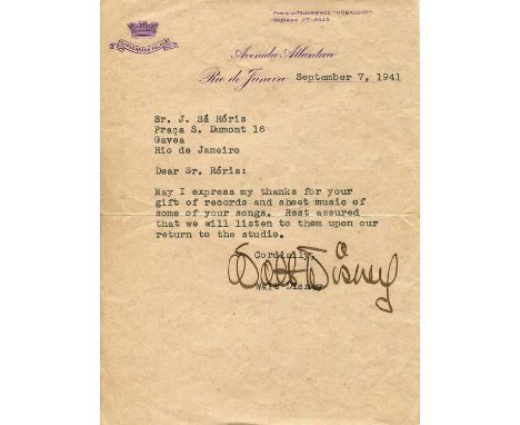 DISNEY WALT: (1901-1966) American Animator, Academy Award winner. An excellent and scarce T.L.S., `Walt Disney´, one page, 8v