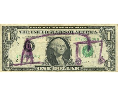 MIRO JOAN: (1893-1983) Spanish painter. A United States of America Federal Reserve One Dollar banknote featuring an original,