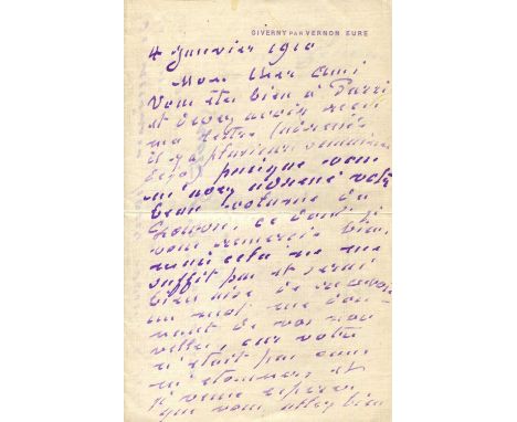 MONET CLAUDE: (1840-1926) French Impressionist painter. A.L.S., Claude Monet, three pages, 8vo, Giverny par Vernon, Eure, 4th