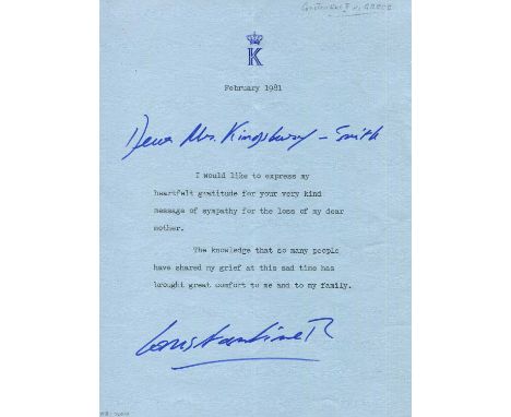 CONSTANTINE II: (1940-2023) King of Greece 1964-73, previously an Olympic sailor who won a gold medal in the 1960 Rome Olympi
