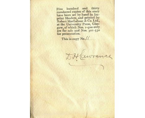 LAWRENCE D.H.: (1885-1930) English novelist and short story writer. Book signed, being a hardback edition of Rawdon´s Roof, F