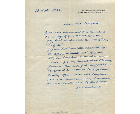MAETERLINCK MAURICE: (1862-1949) Belgian playwright and poet, Nobel Prize winner for Literature, 1911. A.L.S., Maeterlinck, o