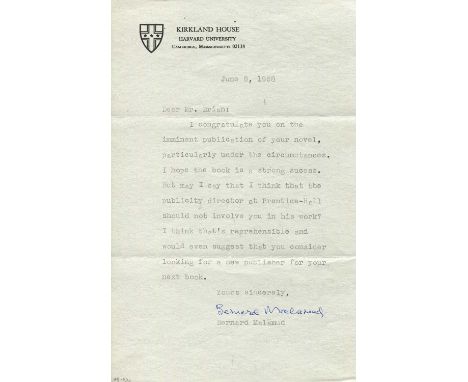 MALAMUD BERNARD: (1914-1986) American novelist and short story writer. T.L.S., Bernard Malamud, one page, 8vo, Cambridge, Mas