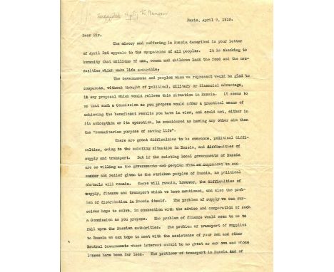 [PARIS PEACE CONFERENCE]: An historically important T.L.S. by each of the Council of Four top Allied leaders of World War I w