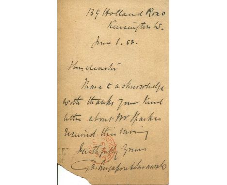 BROOKE CHARLES: (1829-1917) Rajah of Sarawak 1868-1917. A.L.S., as Rajah of Sarawak, to the recto of a plain 12mo postcard, H