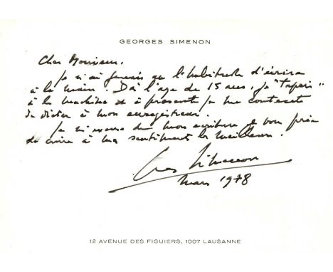 SIMENON GEORGES: (1903-1989) Belgian Writer, creator of the fictional detective Jules Maigret. A fine A.L.S., Georges Simenon