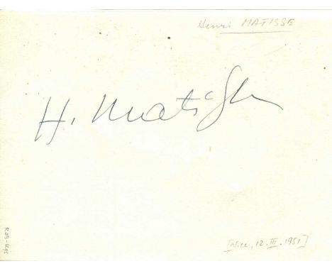 MATISSE HENRI: (1869-1954) French artist and renowned Painter. A leading figure in modern Art. Signed 5 x 4 piece, `H. Matiss