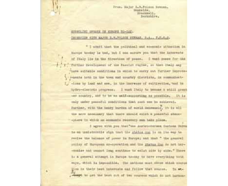MUSSOLINI BENITO: (1883-1945) Italian Fascist Dictator of World War II. An interesting D.S., Mussolini, five pages (separate 