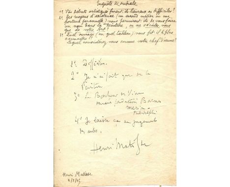 MATISSE HENRI: (1869-1954) French artist. A very interesting content A.Ns.S., `Henri Matisse´, one page, folio, n.p., 2nd Aug