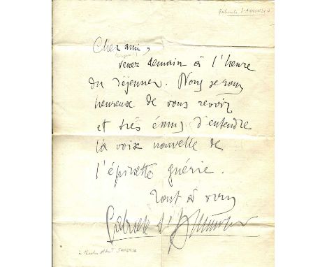 D'ANNUNZIO GABRIELLE: (1863-1938) Italian Poet & Playwright. A.L.S., 'Gabriele d'Annunzio' a large and bold ink signature, on