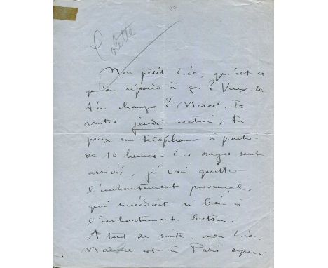 COLETTE: (1873-1954) French author, best known for her novella Gigi (1944). A.L.S., Colette, two pages, 4to, n.p., n.d., to L