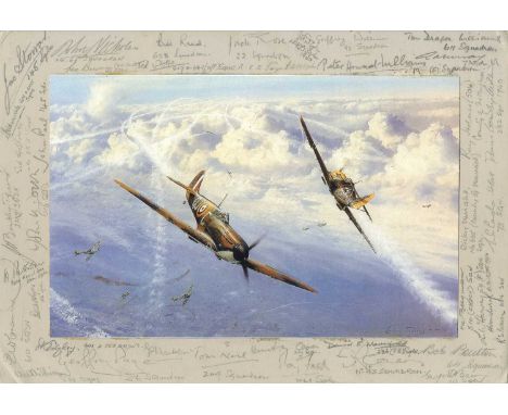 BATTLE OF BRITAIN: A multiple signed colour 14 x 9.5 photograph, the image being a reproduction of one of Robert Taylor´s art