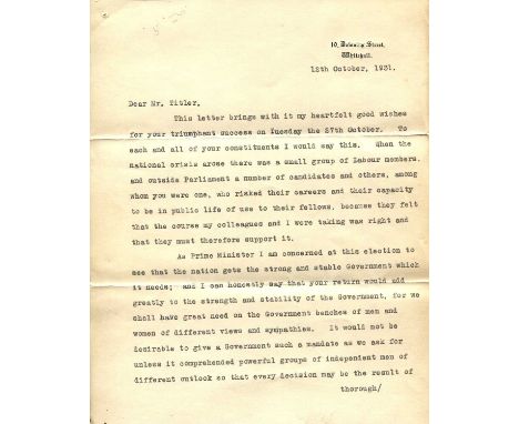 MACDONALD JAMES RAMSAY: (1866-1937) British Prime Minister 1924, 1929-35. A good T.L.S., J. Ramsay MacDonald, three pages (se