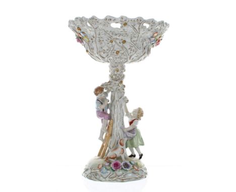 German Plaue porcelain comport centrepiece, the moulded bowl with branches highlighted with gilt and encrusted with flowers, 