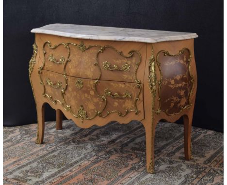French marble top bombé commode/chest of drawers in the Louis XV style, the marble top over two marquetry decorated drawers a