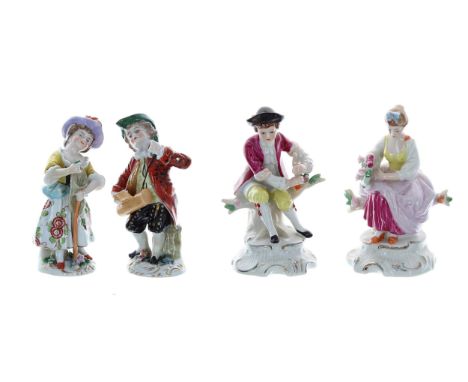 Pair of Samson porcelain figures modelled as a fisher girl and boy, each marked with a gold anchor to the reverse, 4.5" high;