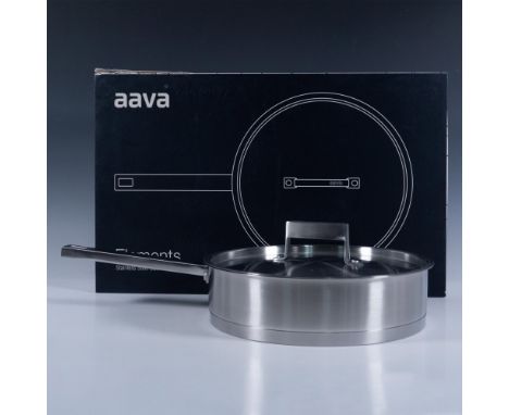 Contemporary design with long square handle and matching lid. Aava impressed mark. This item has its original box: 19"L x 12"
