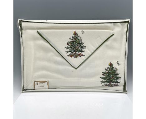 New in original packaging set includes 4 placemats with matching napkins designed with green sewn edge and decorated Christma