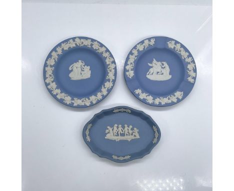 Three pieces of beautiful blue and white jasperware. The oval cherub trinket dish with scalloped edges measures approximately