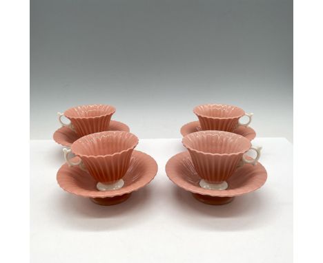 Salmon colored ribbed design with matching saucers. Set includes 4 demitasse cups with white footed base 3.25"L x 3"W x 2.25"