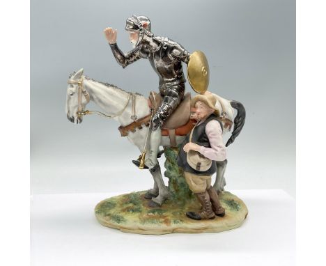 Detailed figure inspired by Capodimonte artist, Santini Pucci. This figurine depicts Don Quixote on horseback and Sancho Panz