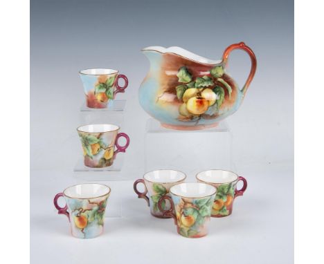 Gorgeous hand painted cider pitcher and six matching cups. The pitcher measures approximately 8"L x 6.75"W x 5.25"H, and is m