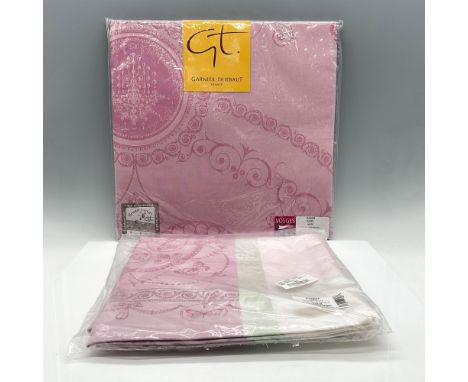 New in original packaging, lovely woven textile tablecloth (69"L x 69"W) Candy colored with 4 matching napkins (21"L x 21"W) 