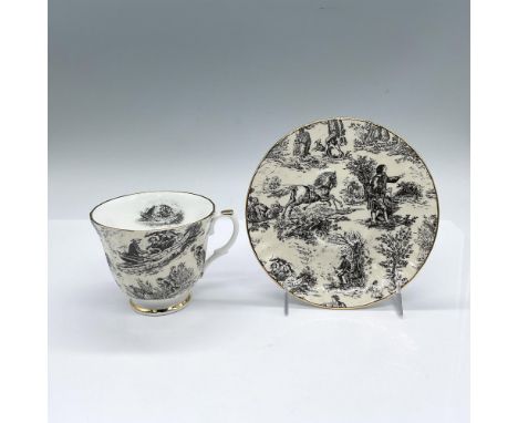 English white and cream-colored tea cup and saucer set. Features illustrations of people, horses and trees. Gilded trim accen