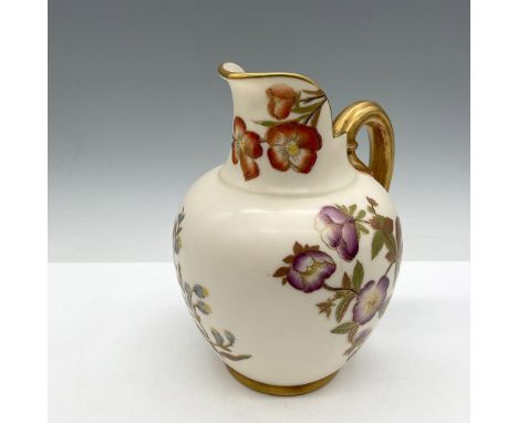 Lovely, creamy porcelain with colorful floral and vine design with gilt accents and handle. Royal Worcester backstamp. 1094. 