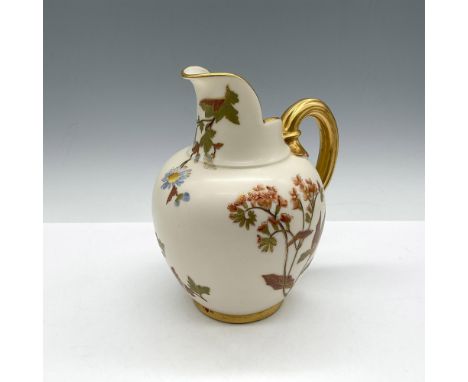 Lovely, creamy porcelain with colorful floral and vine design with gilt accents and handle. Royal Worcester backstamp. 1094. 