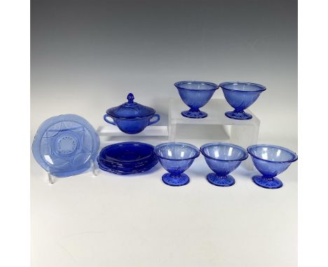 Blue depression glass decorated with lacey floral motifs. Includes 5 sherbet footed bowls, 5 bread and butter plates, and 1 s